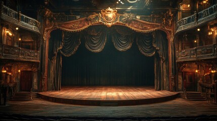Fototapeta premium An atmospheric shot of a vintage theatre stage with a classic proscenium arch. The stage is set for a performance, with period-appropriate props and a backdrop that evokes a sense of nostalgia.