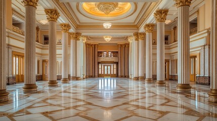 Fototapeta premium A theatreâ€™s grand entrance hall, featuring ornate columns, marble flooring, and decorative sculptures. The space is elegantly designed, providing a grand welcome to theatre patrons.
