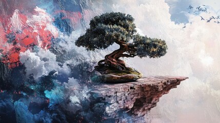 Tranquil Bonsai Tree on a Cliff