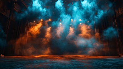 Obraz premium A dramatic shot of a theatre stage with intense lighting effects and fog. The scene conveys a sense of mystery and anticipation, with the stage set for a powerful performance.