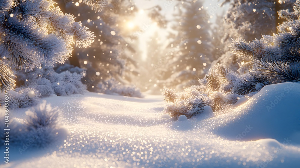 Poster A serene winter forest scene with sunlit snow-covered branches and sparkling snowflakes, creating a warm and peaceful atmosphere in the cold..