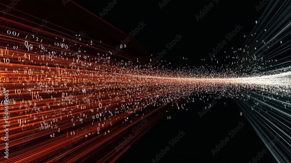 Poster a glowing 3d grid extending into the distance, with digital particles and numbers flowing along its 