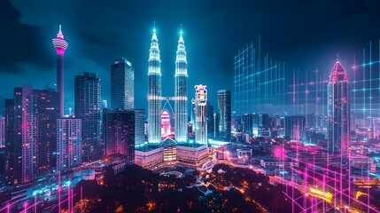 Obraz premium A futuristic cityscape at night featuring tall skyscrapers illuminated with vibrant neon lines and glowing lights, creating a modern urban atmosphere..