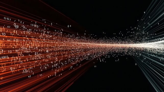 A glowing 3D grid extending into the distance, with digital particles and numbers flowing along its lines, symbolizing the concept of the digital universe and big data.