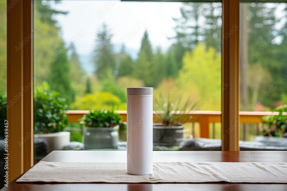 Poster a simple white container sits on a table with a serene garden view in the background