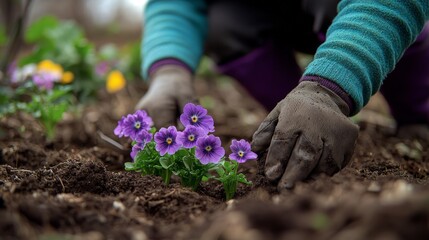 Fototapeta premium Gardener planting vibrant purple flowers in soil