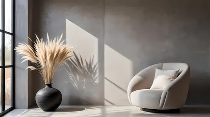 A  comfortable armchair sits in a room with a large window and a plant in the corner.