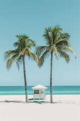 Obraz premium Tranquil beach scene with two palm trees framing a white lifeguard hut, soft turquoise waters, and a clear sky, perfect for relaxation and summer vibes.