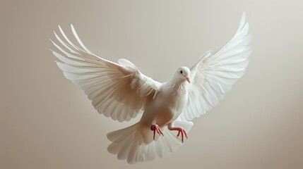 Fototapeta premium Beautiful white dove with open wings flying isolated on the light background