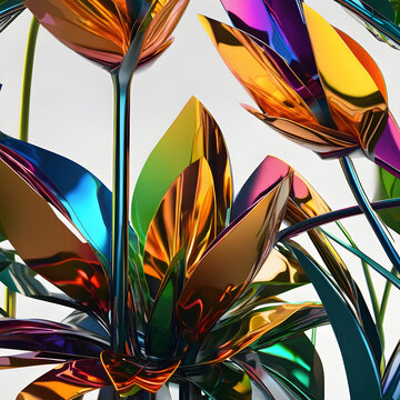 A potted wildflower robot with a metal stem structure and colorful petals.