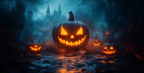 Naklejka premium Pumpkins with Lit Faces