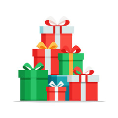 Fototapeta premium Stack of Colorful Christmas Gift Boxes with Bows