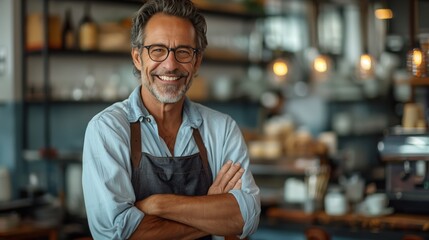 Fototapeta premium Portrait of smiling middle aged business man owner standing with arms crossed at cafe