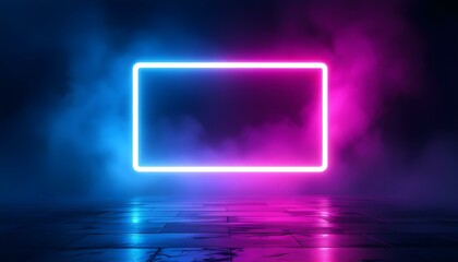 Glowing neon pink square with vibrant fog abstract background. Geometric fashion design. Empty minimal art decoration. A glowing neon square outline surrounded by colorful smoke in a dark setting.