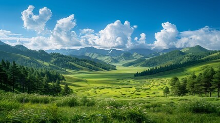 Obraz premium green meadow in the distance with clouds floating on top of it, surrounded by pine trees and mountains