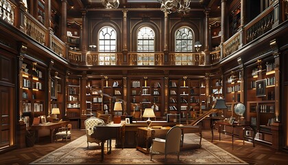 Luxury library interior with columns, bookshelves and windows