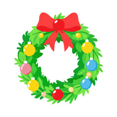 Colorful Christmas Wreath with Ornaments and Red Bow