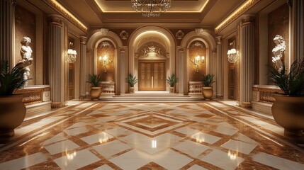 Obraz premium A theatreâ€™s grand entrance hall with marble flooring and decorative sculptures. The space is elegant and welcoming, reflecting the theatreâ€™s grandeur.