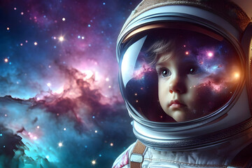 A kid astronaut with space background as a concept of a child&rsquo;s dream to become an astronaut
