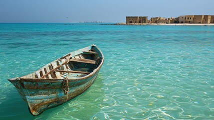 Obraz premium Old Wooden Boat on Clear Turquoise Water
