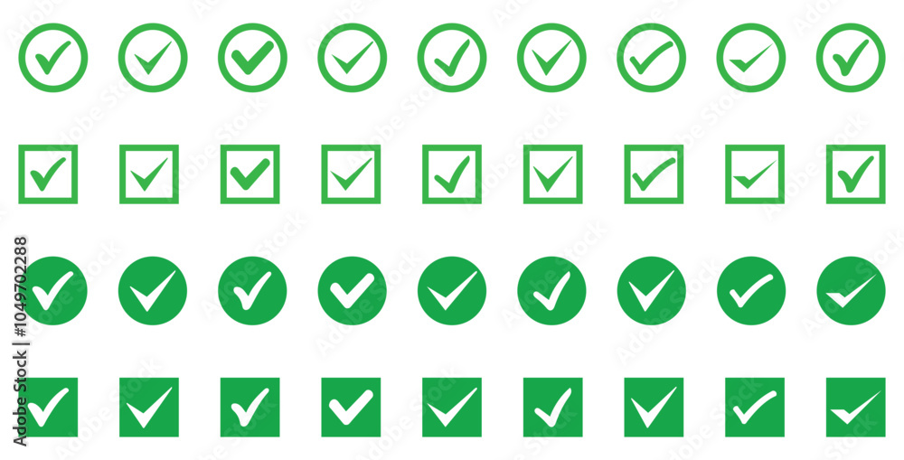 Wall mural Check mark icon button set. Check box icon with right and wrong buttons. Green check mark icon. Check marks symbol collection. Tick mark icon with in circke squad box.