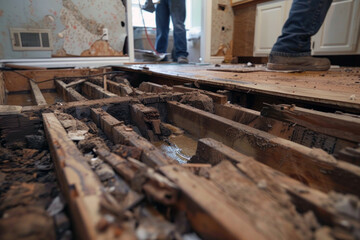 A close-up view of a house's interior showing extensively water-damaged wooden floor beams exposed during renovation.