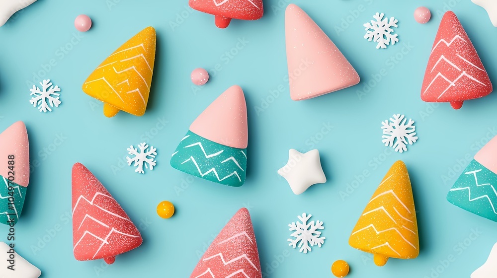 Poster the image is of a blue background with colorful 3d christmas trees, snowflakes and white stars. the 
