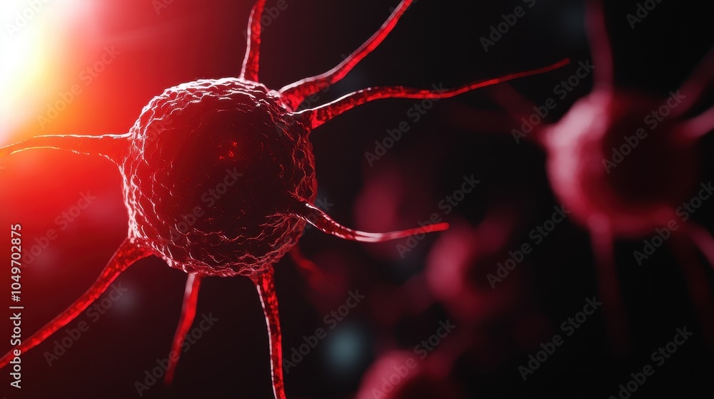 Poster a close-up of a bacterium, illuminated by soft red light. its textured surface features filament-lik