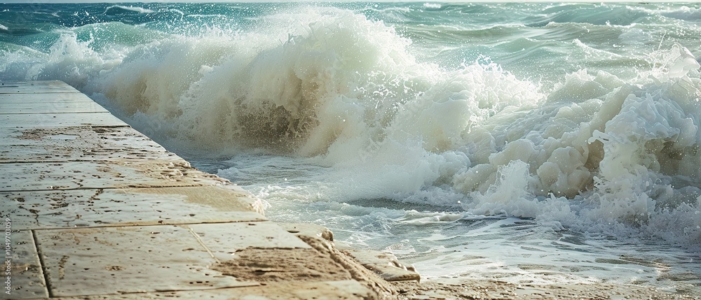 Poster a coastal powerful waves crashing against a textured stone promenade, creating dynamic white foam th