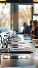 Obraz premium A polished conference room with a wooden table for meetings, showcasing a glass water bottle, arranged documents, and digital devices, while professionals engage in discussion.