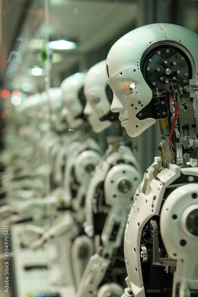 Poster a striking close-up of futuristic humanoid robots with sleek white exteriors and visible mechanical 
