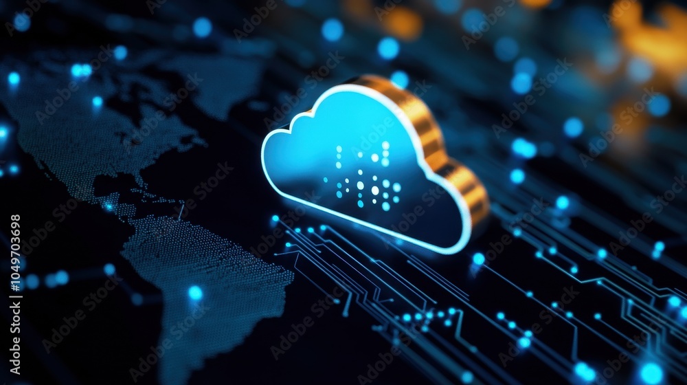 Aufkleber a vivid representation of cloud computing, featuring a glowing blue cloud icon on a dark world map. 