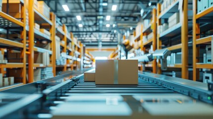 Naklejka premium Robotic arm moving a cardboard box in a warehouse.