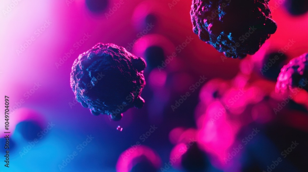 Poster digital illustration features a cluster of abstract microscopic cells in vibrant colors. textured sh