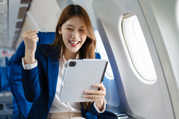 Happy woman airplane travel,  Portrait of woman with journey.