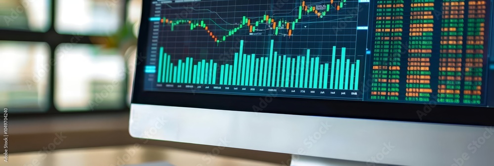 Poster financial forecasting model on a computer screen, showing projections, charts, and financial data wi