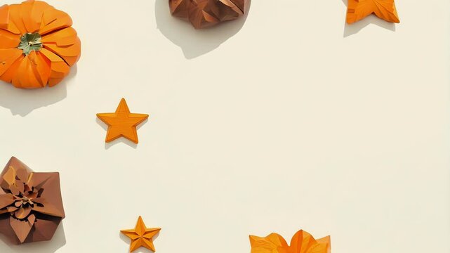 Engage delightful stopmotion animation featuring flat lay arrangement mini decorative pumpkins brown stars perfectly designed Halloween Thanksgiving greeting card concept accompanied ample copy space