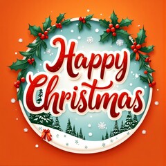 Fototapeta premium Round Christmas Greeting With Holly & Snowflakes