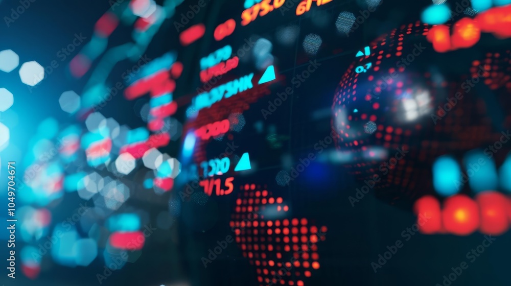 Poster abstract digital map with red and blue lights, showing data and numbers.