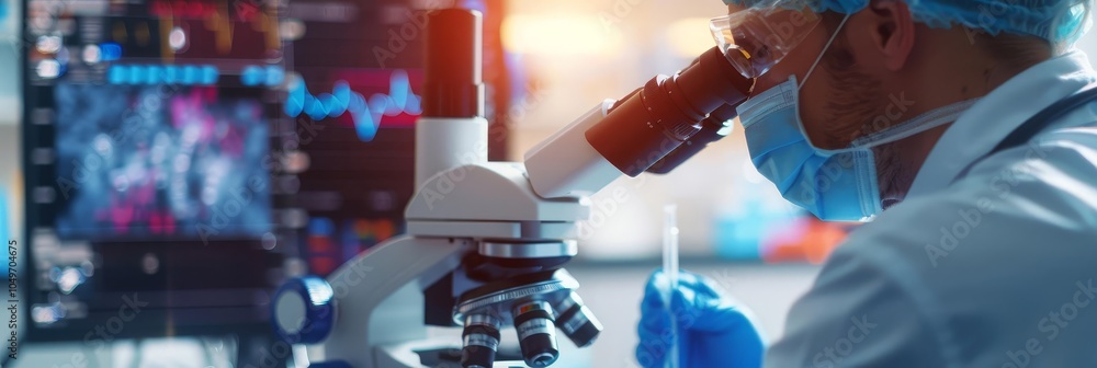Poster scientist using microscope in laboratory.