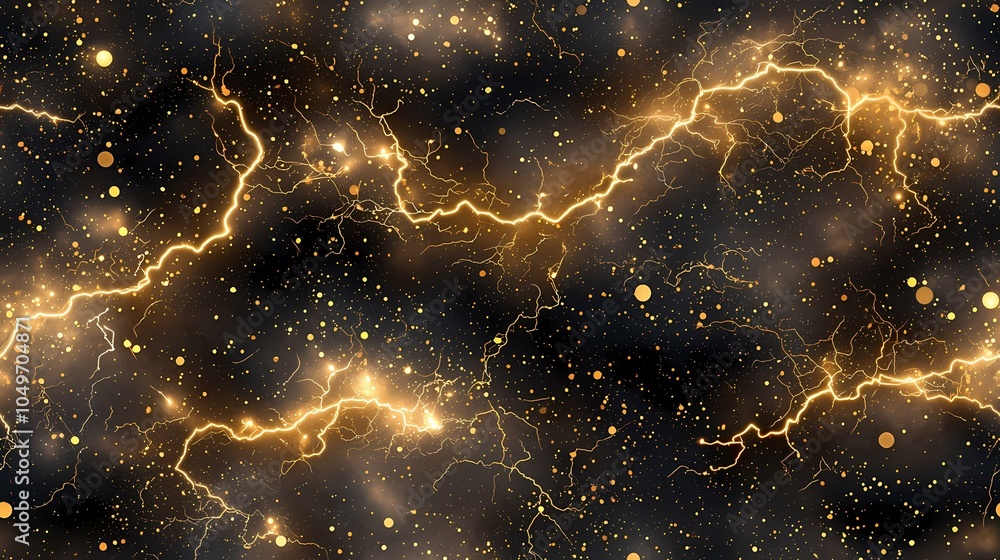 Poster the image features a dark background with streaks of gold lightning and scattered gold dots.