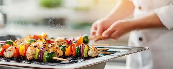Fototapeta premium Chef grilling seafood kebabs with colorful vegetables, outdoor BBQ setting, bright daylight