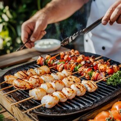 Chef grilling seafood skewers, outdoor setting, vibrant daylight, wooden table