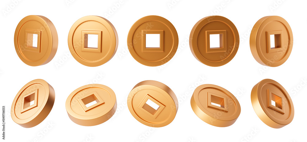 Poster a collection of gold coins with square holes shown in different angles, isolated on a clean white ba