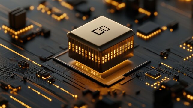3D lock icon made of binary code floating above a circuit board design with copy space