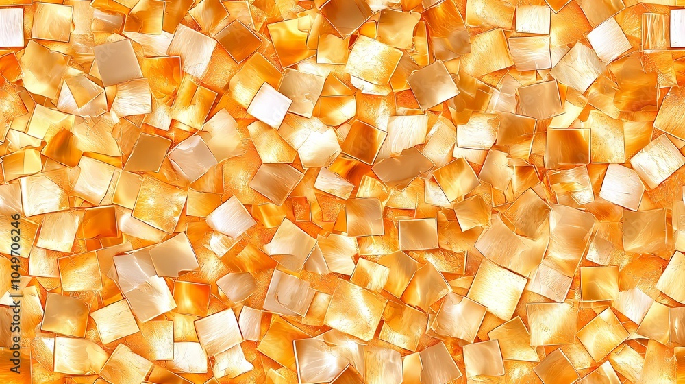 Poster a close up of a texture made up of small, shiny, gold squares that are layered on top of each other.