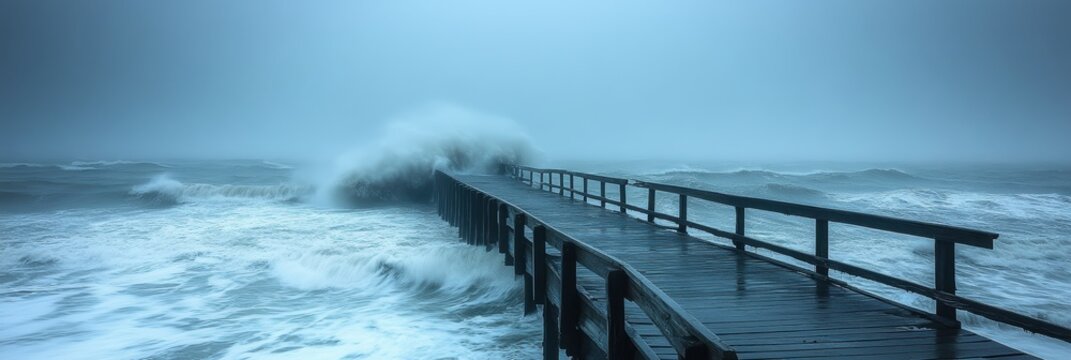 Hurricane Fury Unleashed, coastal pier obliterated by fierce winds, waves surge violently over shattered remnants