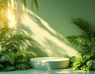 Obraz premium Abstract dark green cylinder pedestal podium. Green empty room, Shadow of the window. rendering 3d shape, Product display presentation. Studio room concept, Minimal wall scene.