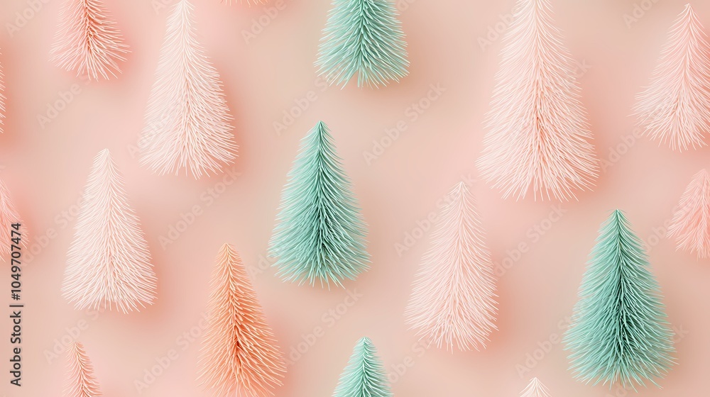 Poster the image contains a pink background with light green and peach christmas trees. they are arranged i