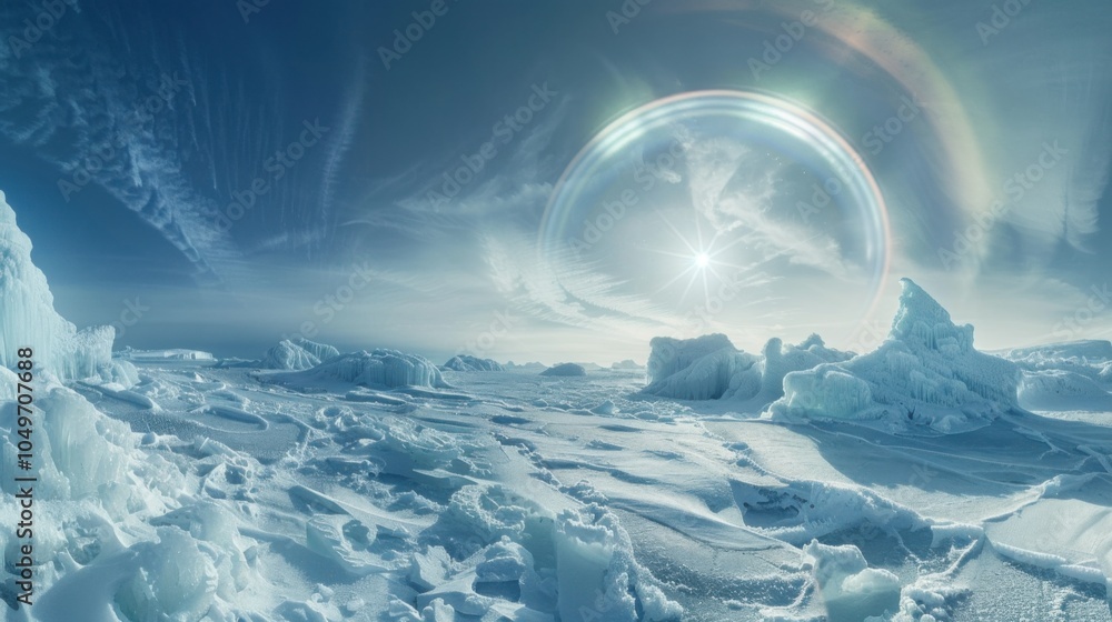 Poster a captivating view of a high-altitude ice floe with intricate, fractal ice formations and a rare, br